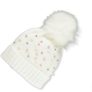 White Knit Beanie with Pom Pom and Pearls
